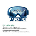 Snowmobile goggles metal sign feature graphic showing the mountain design, size options, and cut steel details