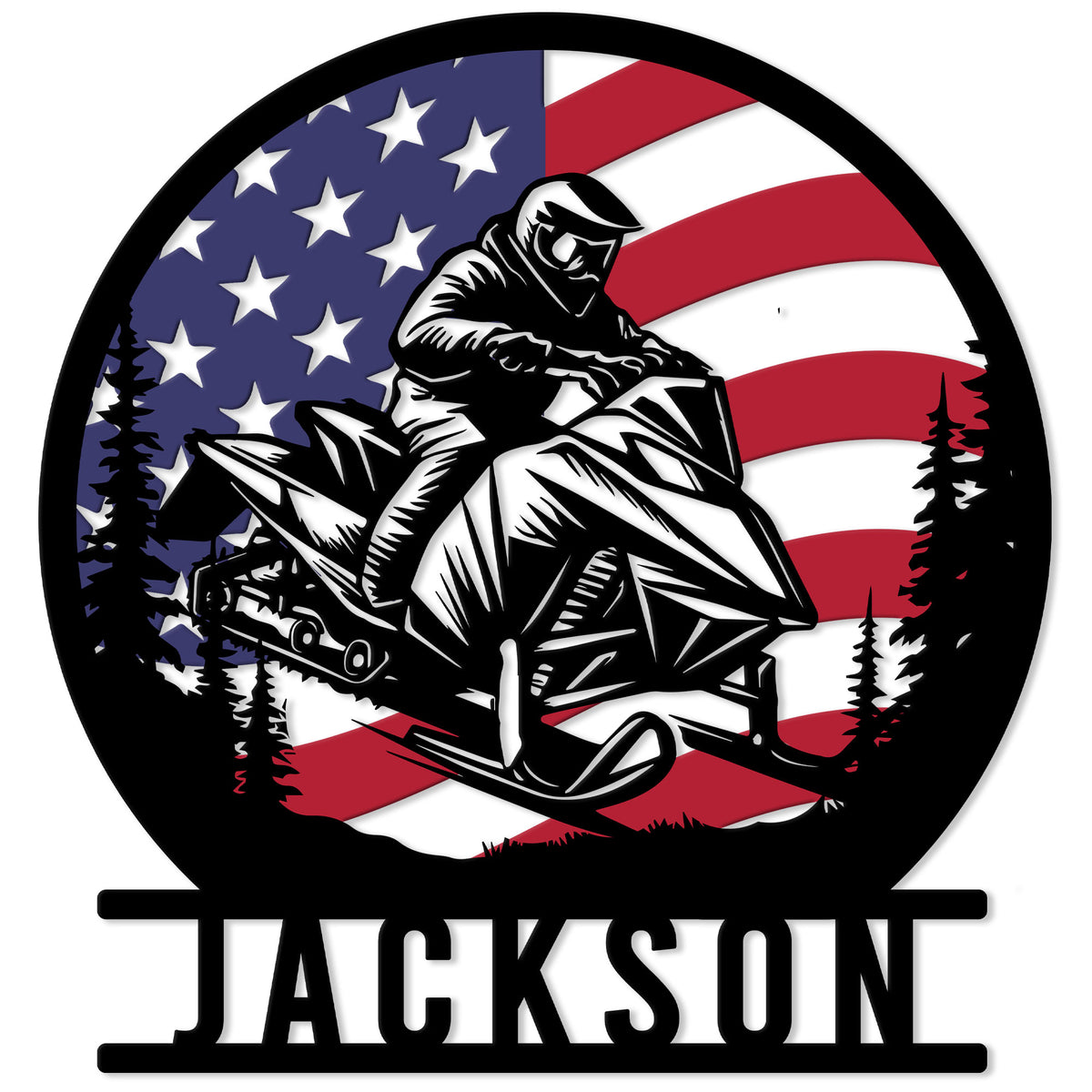 Custom snowmobile metal sign featuring a rider on a sled against a patriotic American flag background