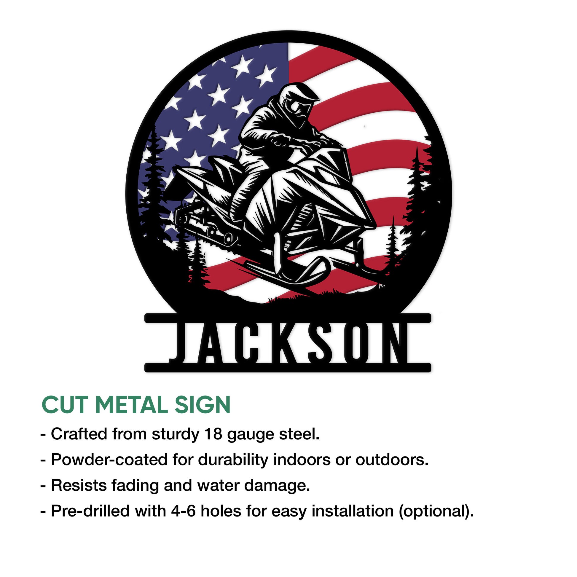 Snowmobile wall sign showing a dynamic rider and sled framed by pine trees and an American flag design