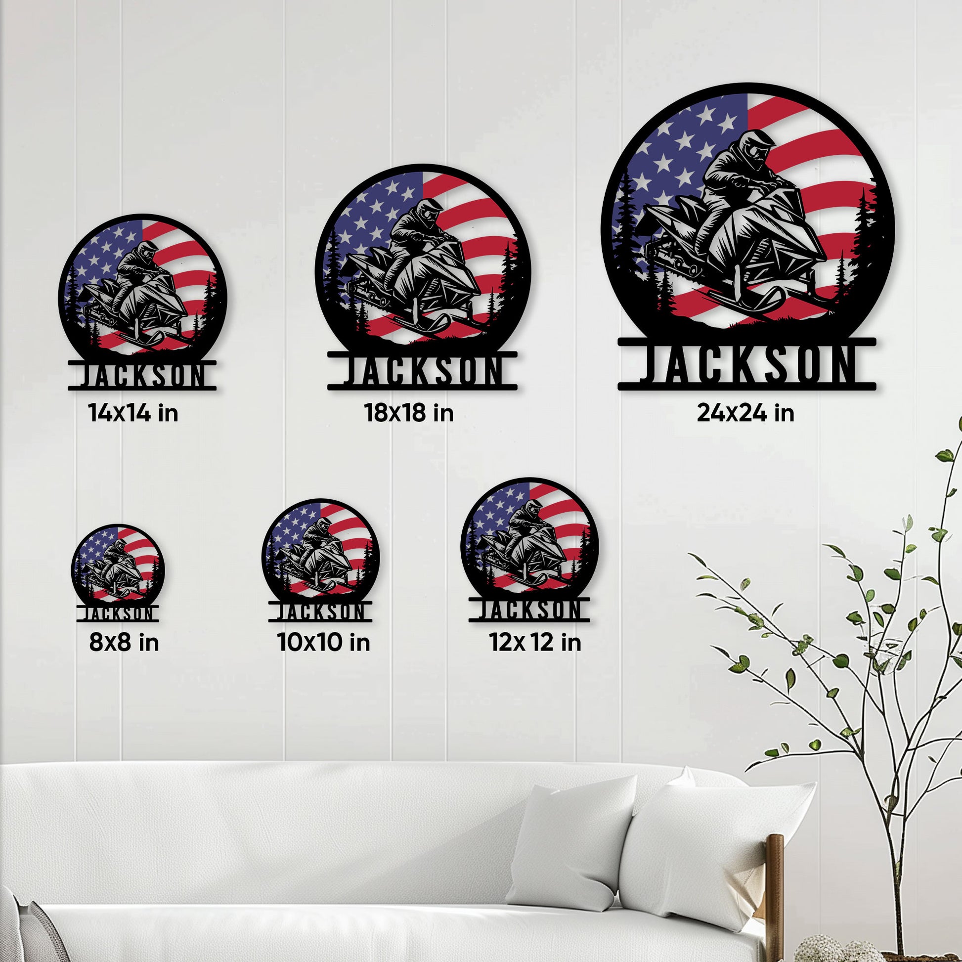 Snowmobile sign size guide displaying available square sizes from 8 by 8 inches to 24 by 24 inches