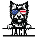 Cairn Terrier metal sign featuring a shaggy dog wearing American flag sunglasses