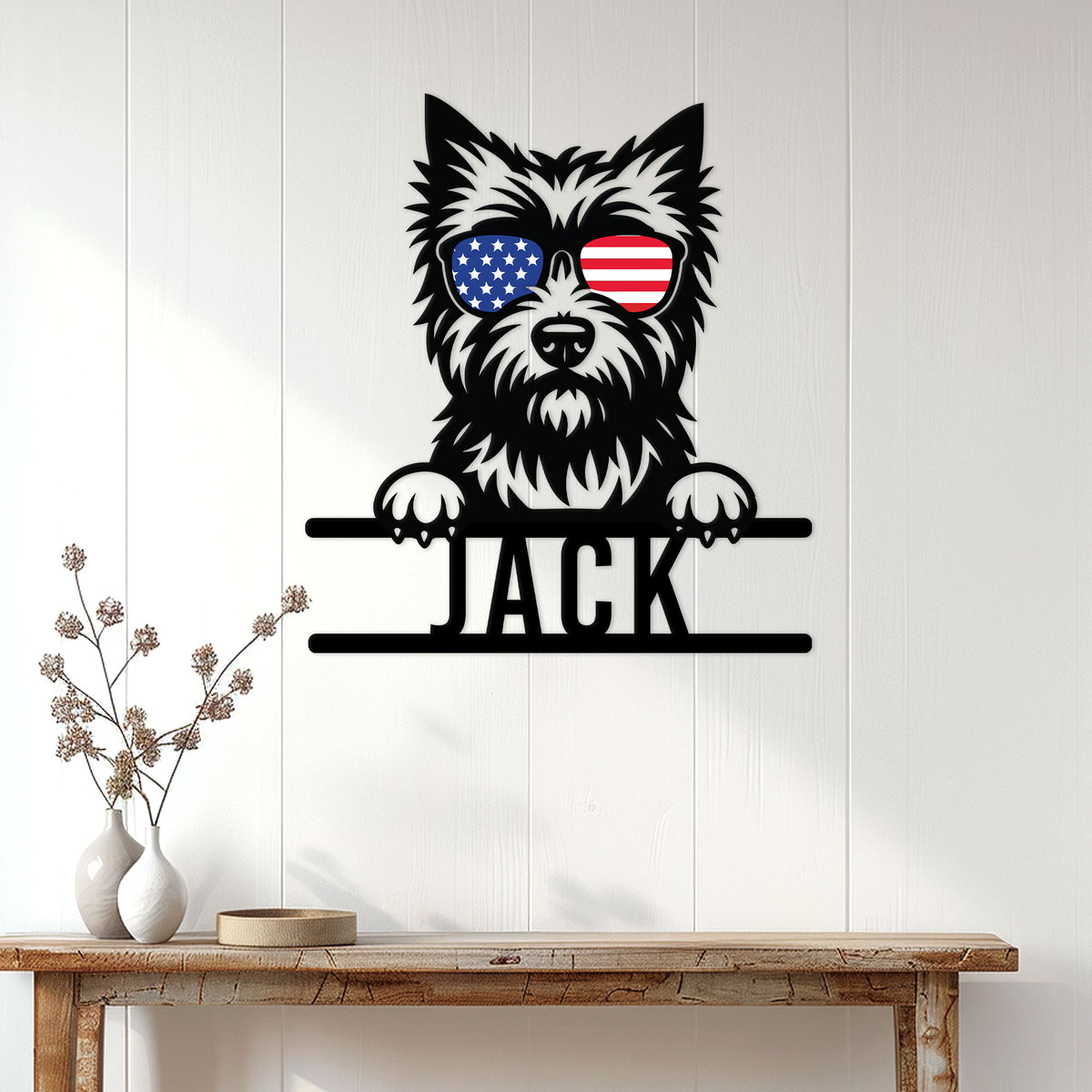 Patriotic Cairn Terrier wall sign displayed on a bright entryway wall above a console table