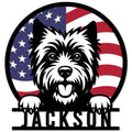 Patriotic Cairn Terrier metal sign featuring a bold dog portrait against an American flag
