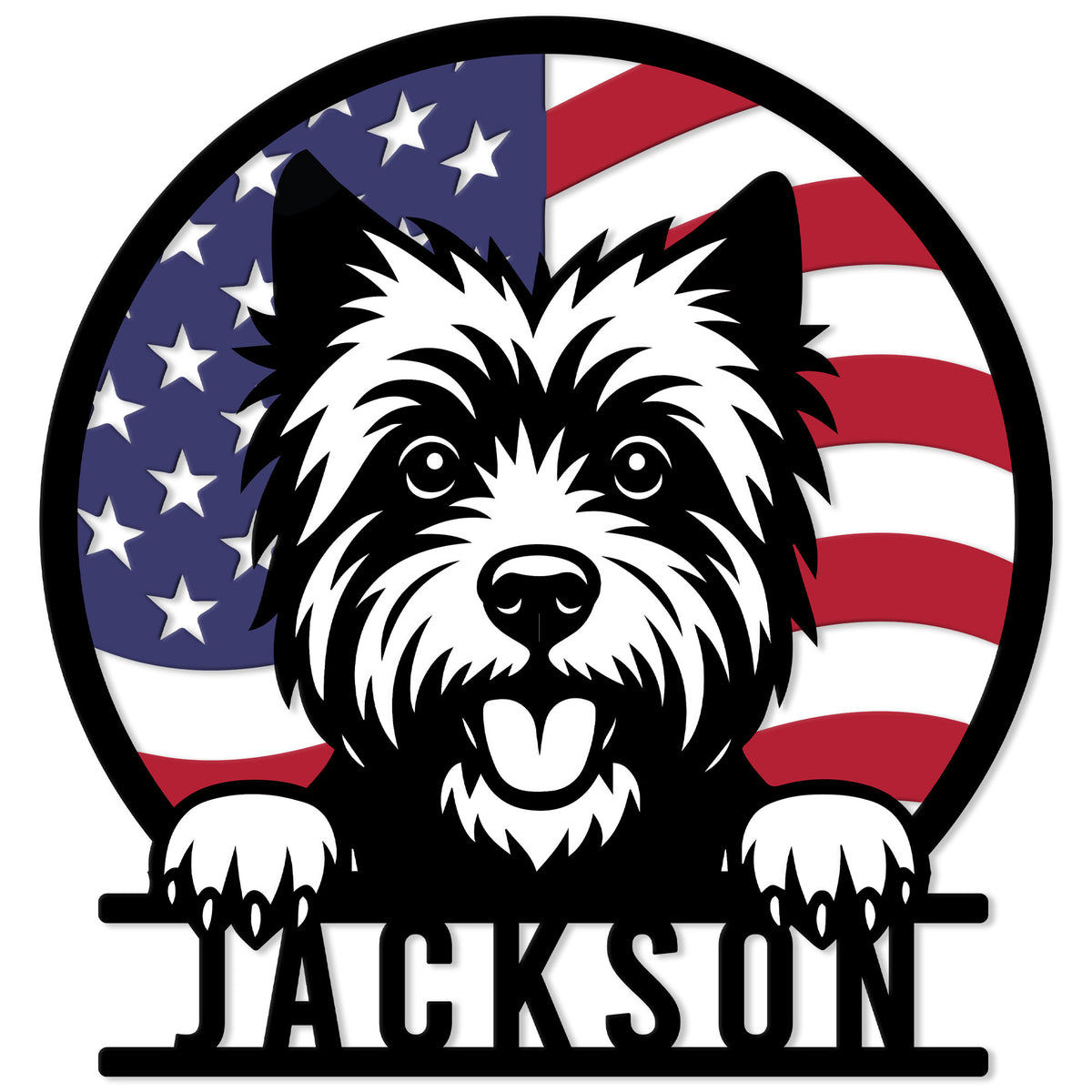 Patriotic Cairn Terrier metal sign featuring a bold dog portrait against an American flag