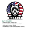 Cairn Terrier cut metal sign feature graphic highlighting the patriotic dog design
