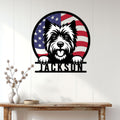 Patriotic Cairn Terrier wall sign displayed on a bright paneled wall above a console table