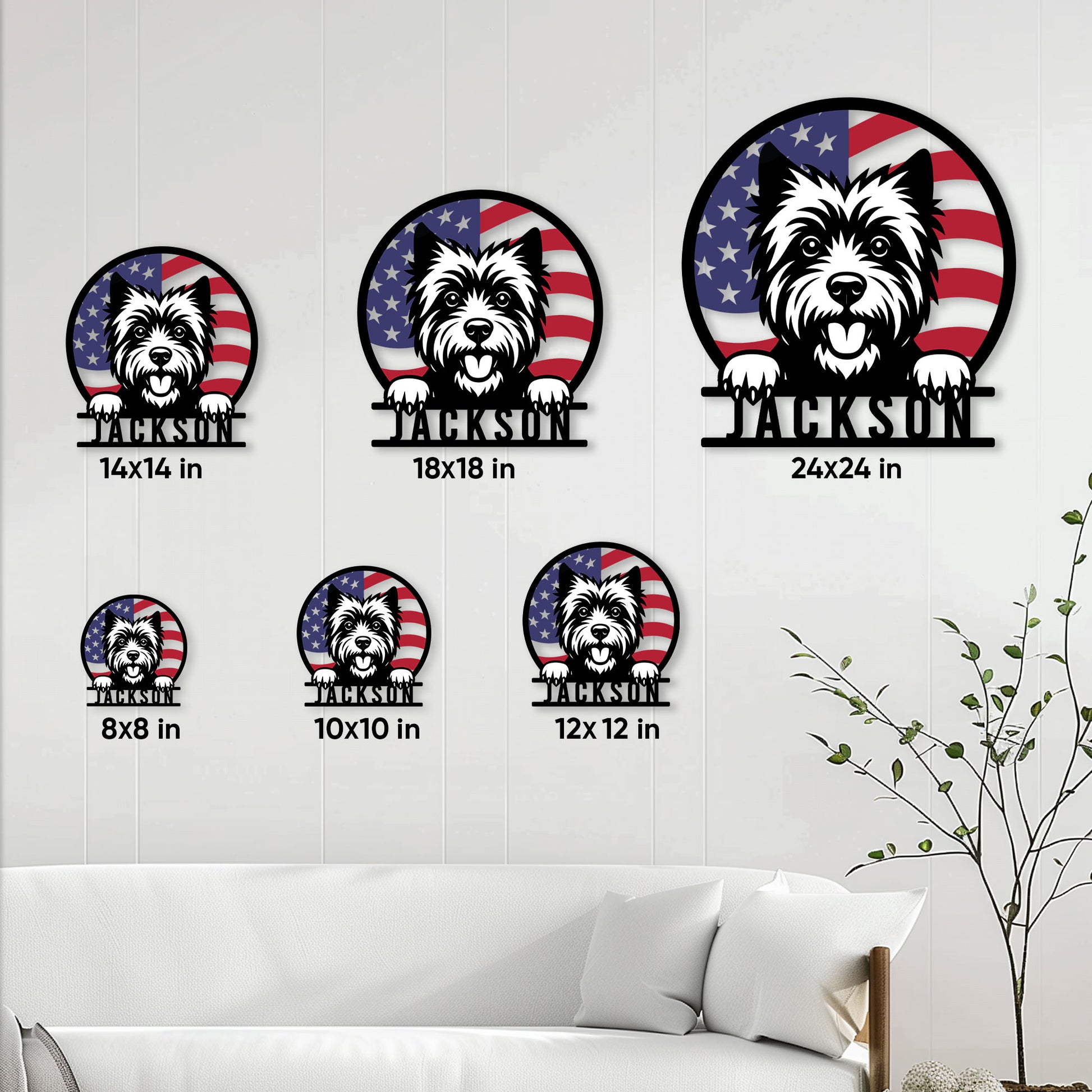 Cairn Terrier metal sign size guide showing six square size options from 8 to 24 inches