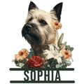 Cairn Terrier metal sign featuring a detailed dog portrait framed by colorful flowers