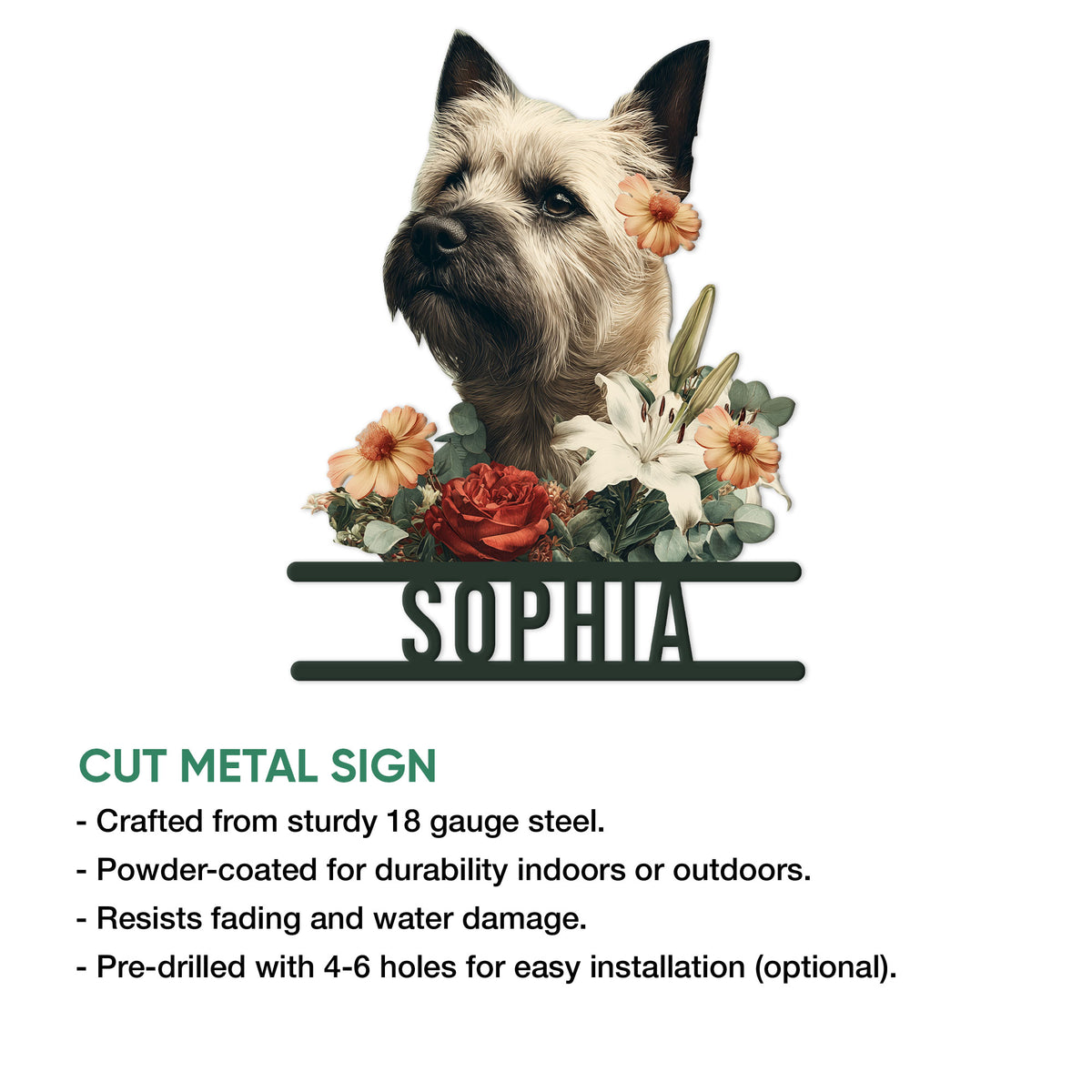 Floral Cairn Terrier metal sign shown with product features for indoor or outdoor display