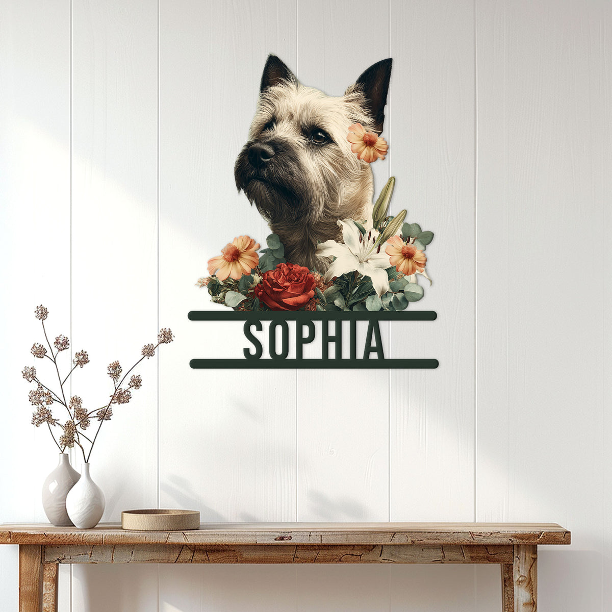 Cairn Terrier floral wall sign displayed above a console table in a bright home entryway