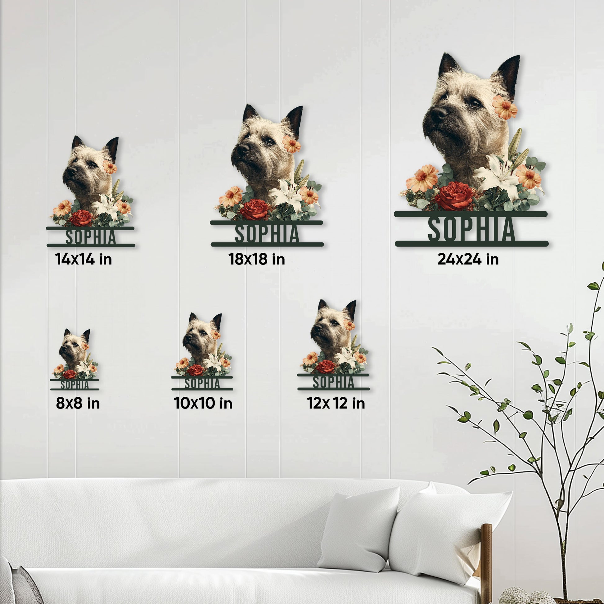 Cairn Terrier metal sign size guide showing six available square size options