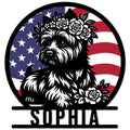 Cairn Terrier metal sign featuring a floral dog portrait framed by an American flag design