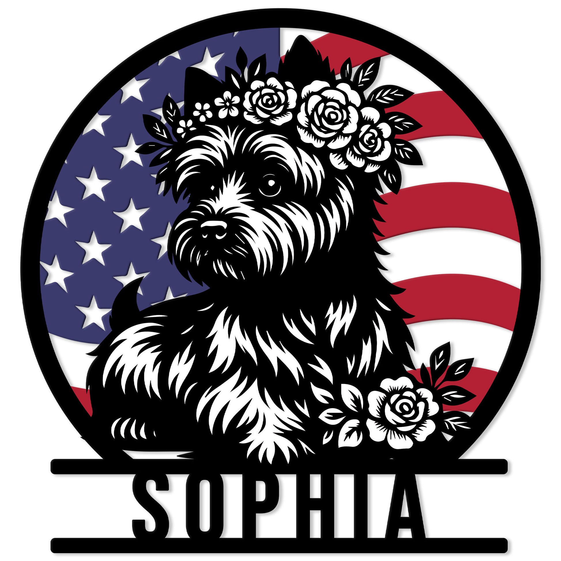 Cairn Terrier metal sign featuring a floral dog portrait framed by an American flag design