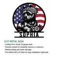 Cairn Terrier cut metal sign shown with product feature information for indoor or outdoor display