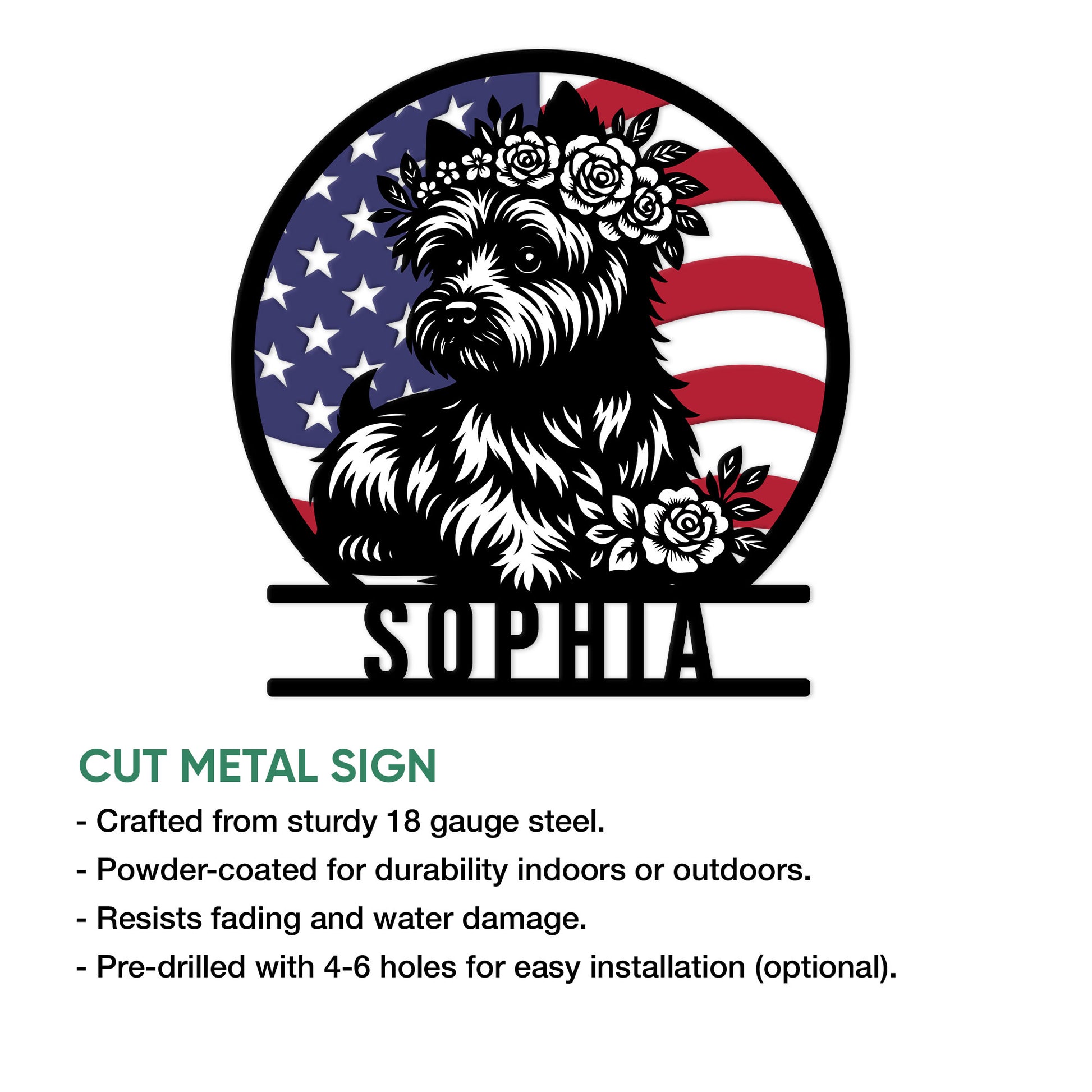 Cairn Terrier cut metal sign shown with product feature information for indoor or outdoor display