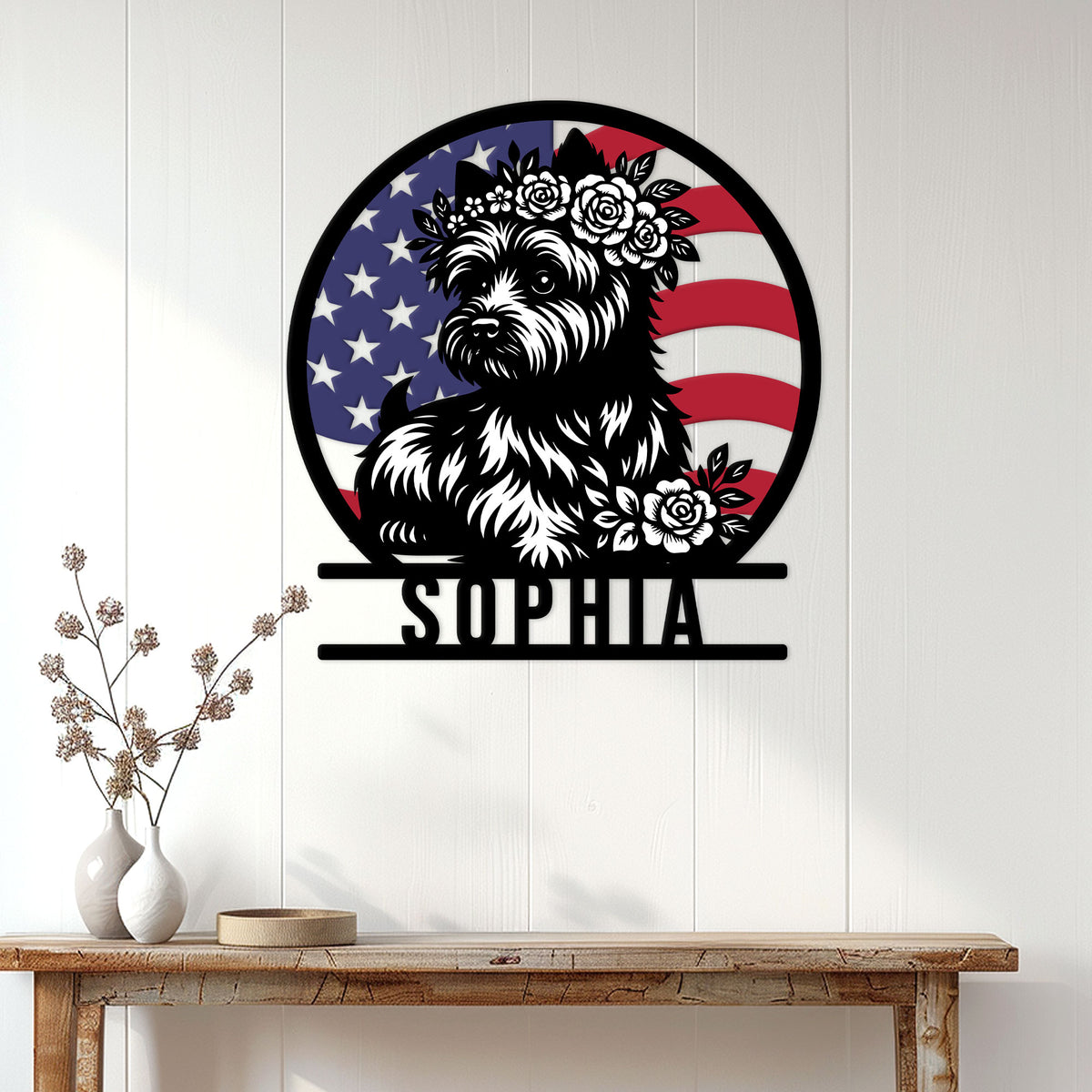 Cairn Terrier wall sign displayed above a console table in a bright home entryway