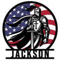 Knights Templar metal sign featuring an armored medieval knight with sword and cross against an American flag