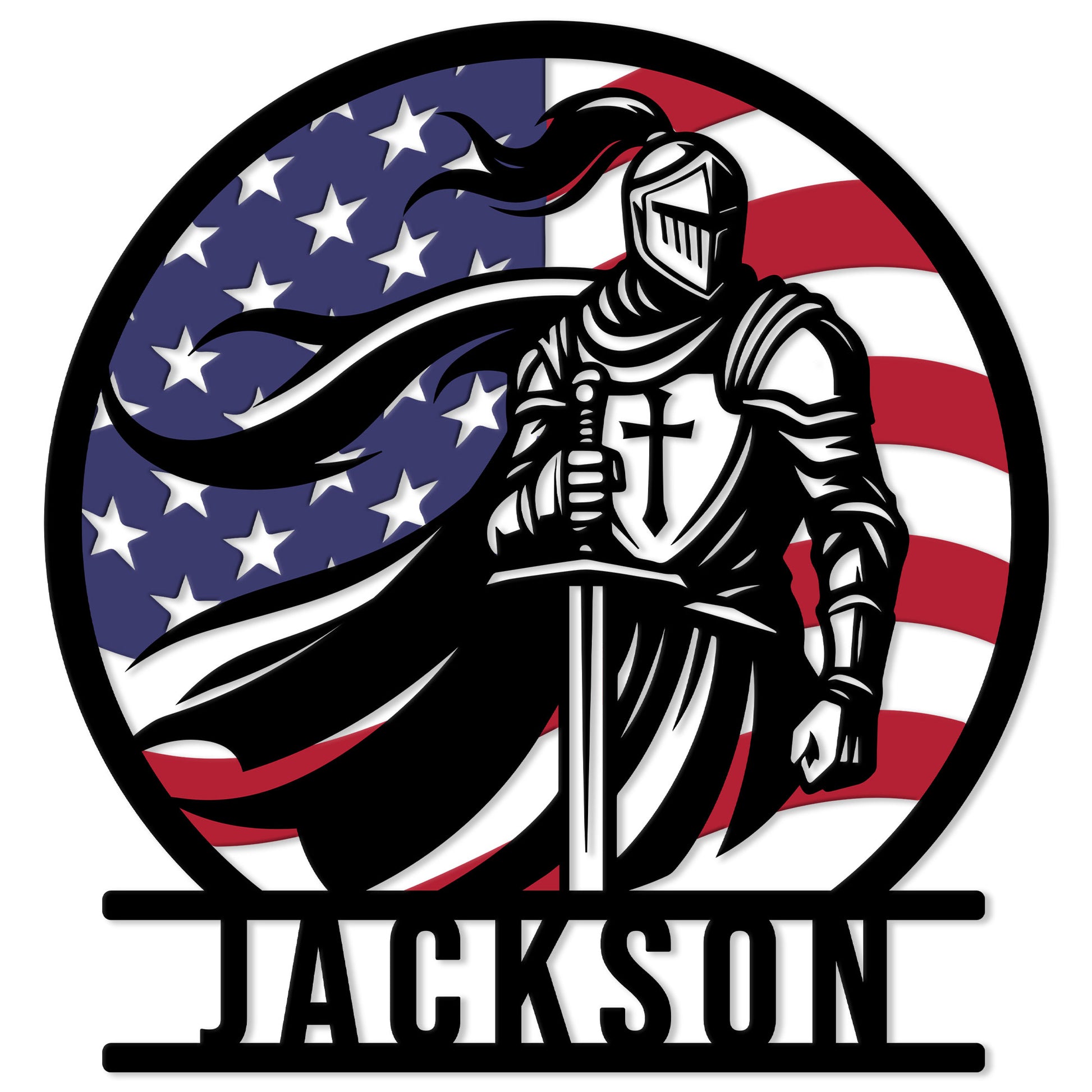 Knights Templar metal sign featuring an armored medieval knight with sword and cross against an American flag
