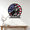 Knights Templar wall decor displayed above a console table, featuring a bold armored knight and American flag design