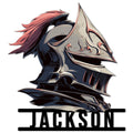 Custom medieval knight helmet metal sign featuring an armored visor, plume, and bold wall display design