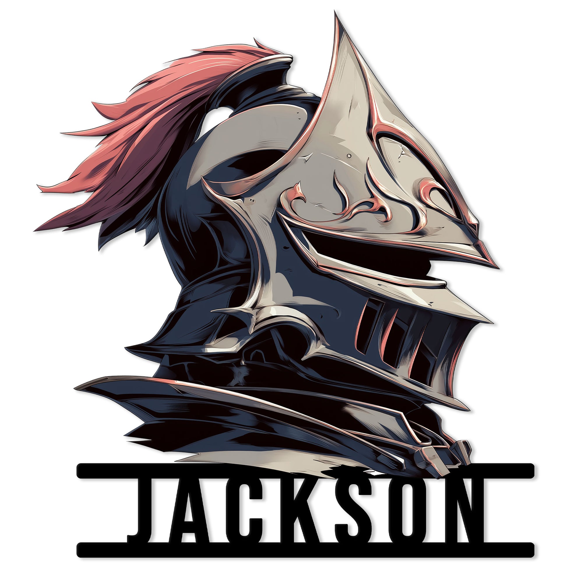 Custom medieval knight helmet metal sign featuring an armored visor, plume, and bold wall display design
