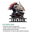 Medieval knight helmet cut metal sign shown with product feature information and wall decor styling