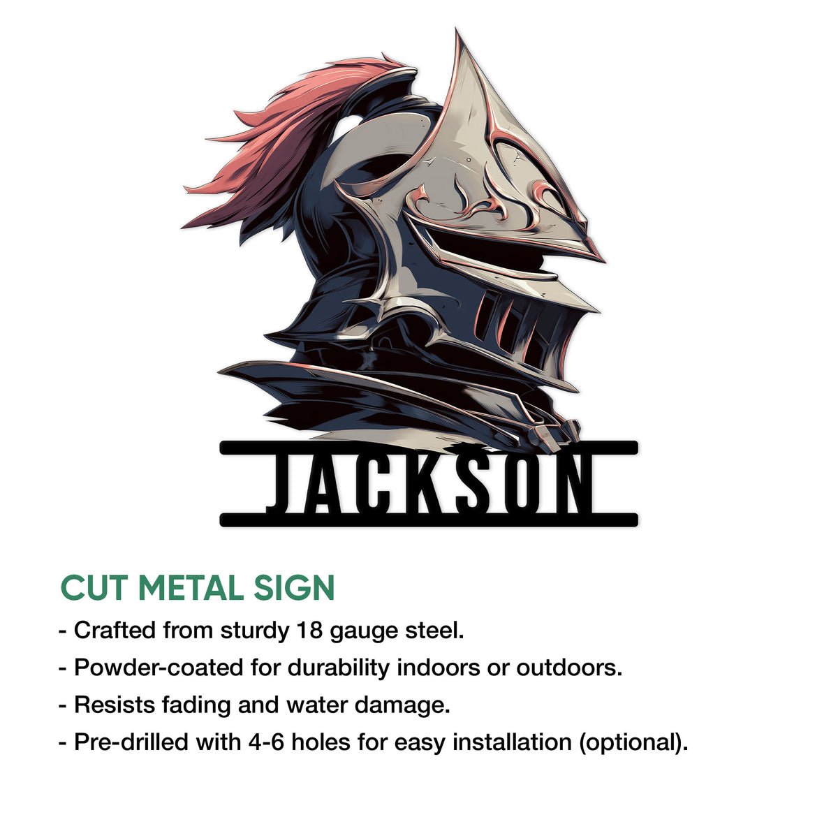 Medieval knight helmet cut metal sign shown with product feature information and wall decor styling