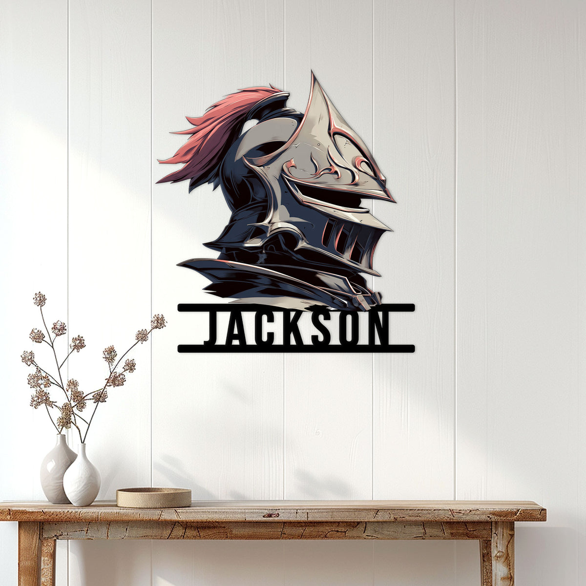 Custom knight helmet metal sign displayed on a light paneled wall above a wood console table