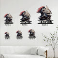 Medieval knight helmet metal sign size guide showing several available square dimensions