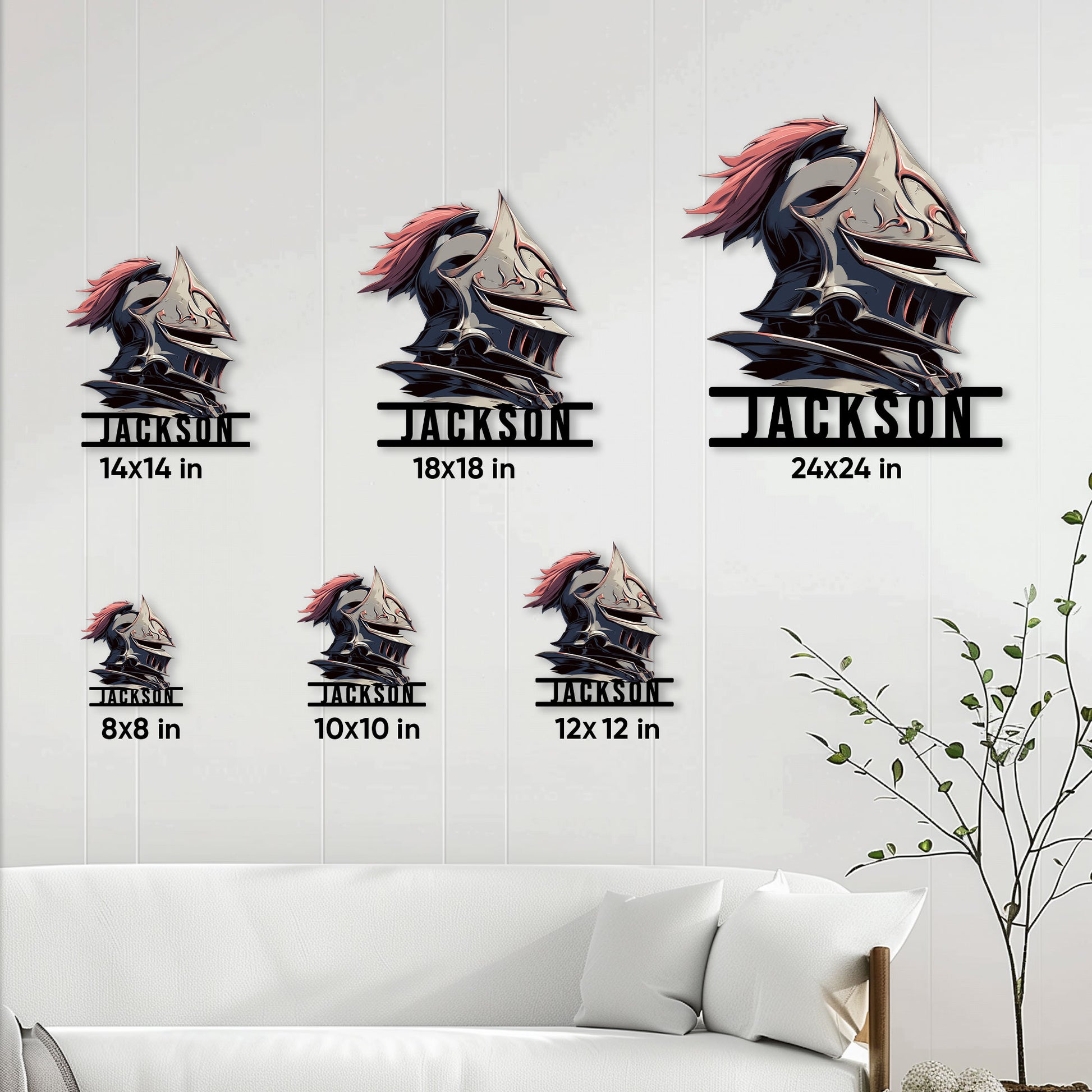 Medieval knight helmet metal sign size guide showing several available square dimensions