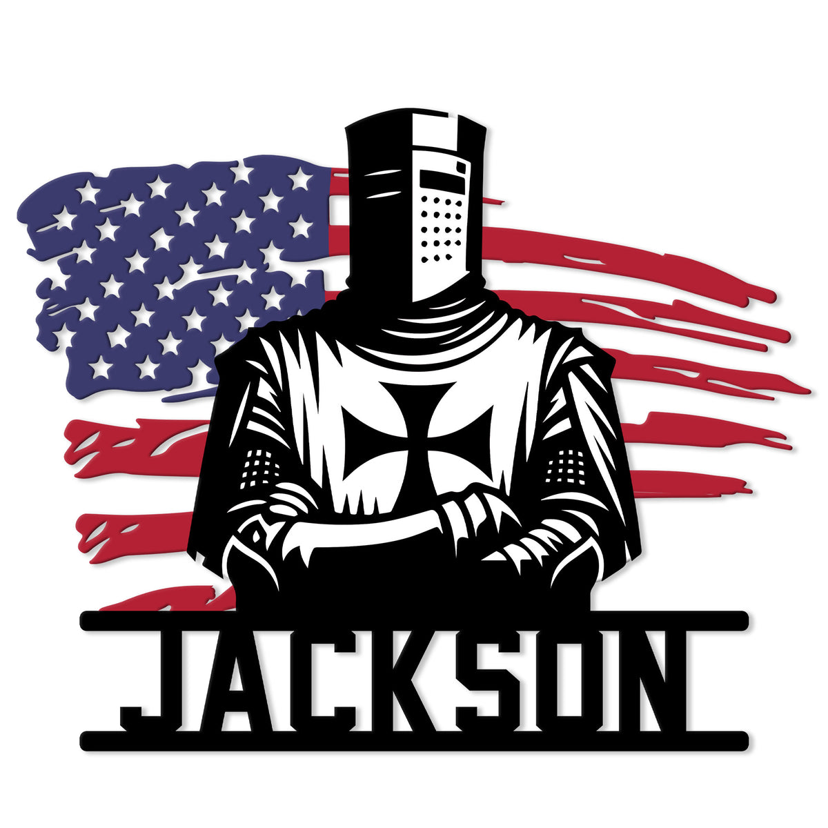 Custom Knights Templar metal sign featuring an armored knight with a cross over a distressed American flag