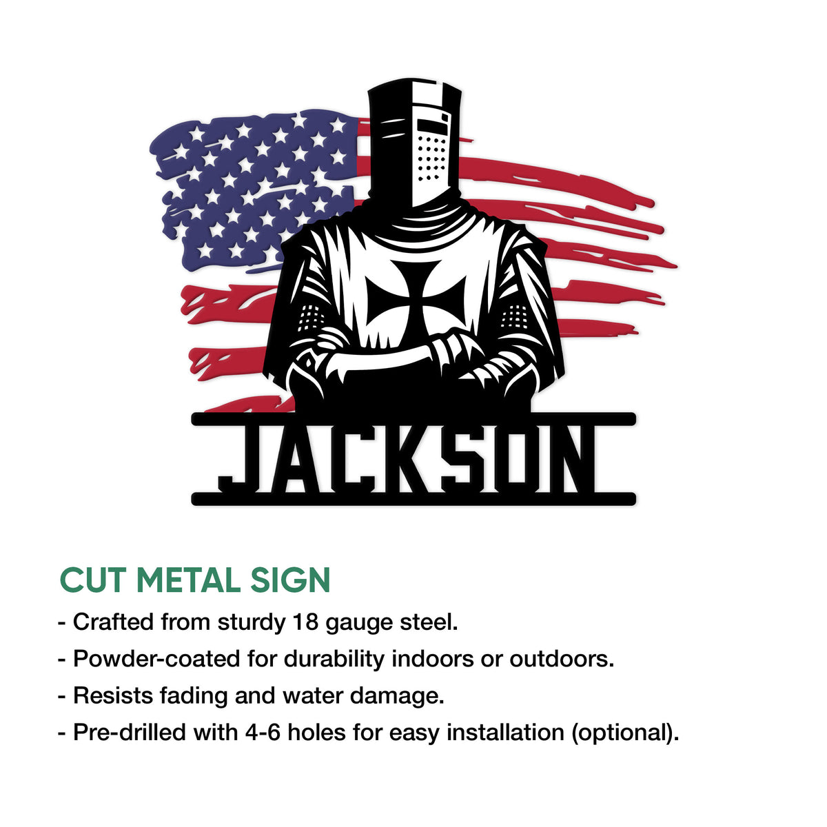 Knights Templar cut metal sign featuring an armored knight, cross emblem, and patriotic flag design