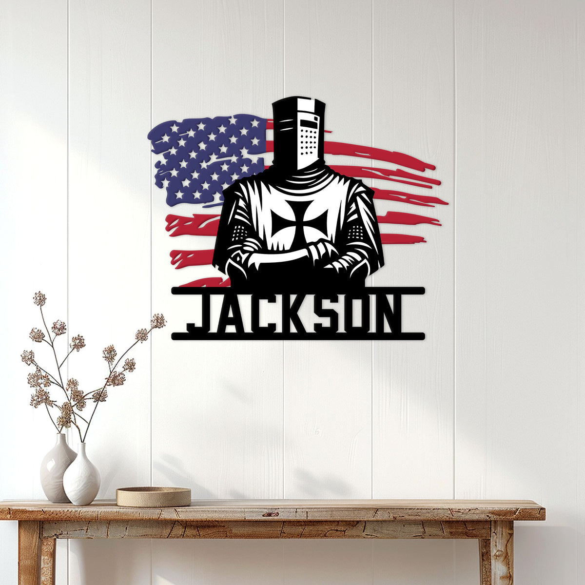 Knights Templar wall sign displayed on a light paneled wall above a rustic console table