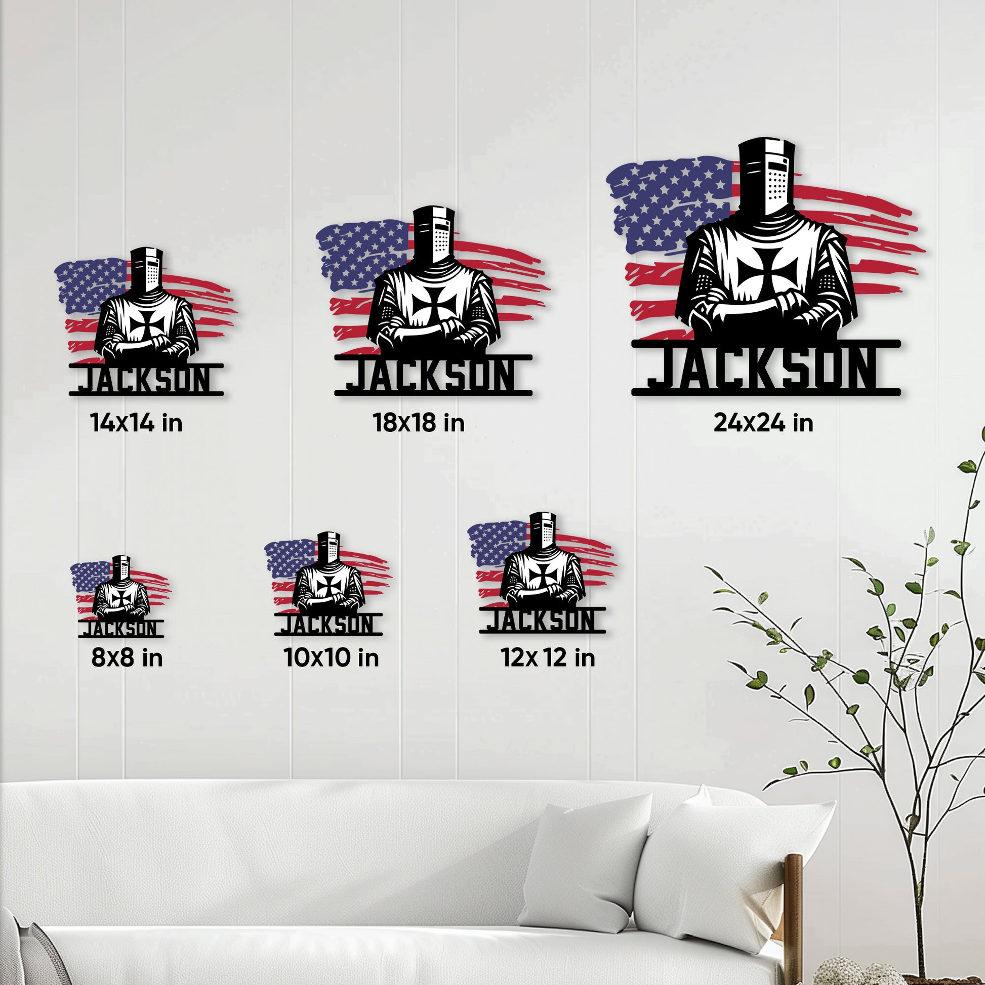 Knights Templar metal sign size guide showing square options from 8 by 8 to 24 by 24 inches