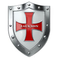 Knights Templar metal sign featuring a silver medieval shield and bold red cross design