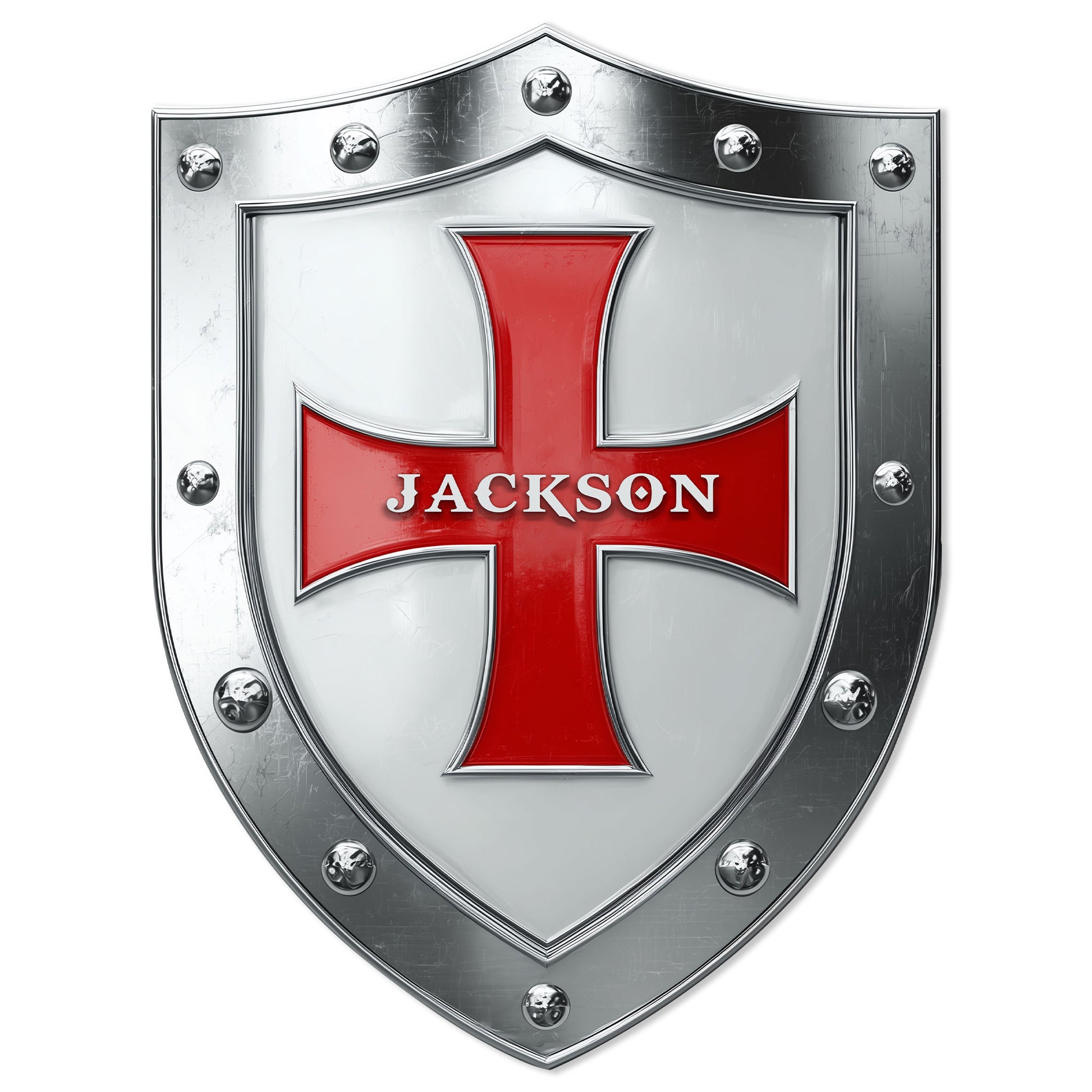 Knights Templar metal sign featuring a silver medieval shield and bold red cross design