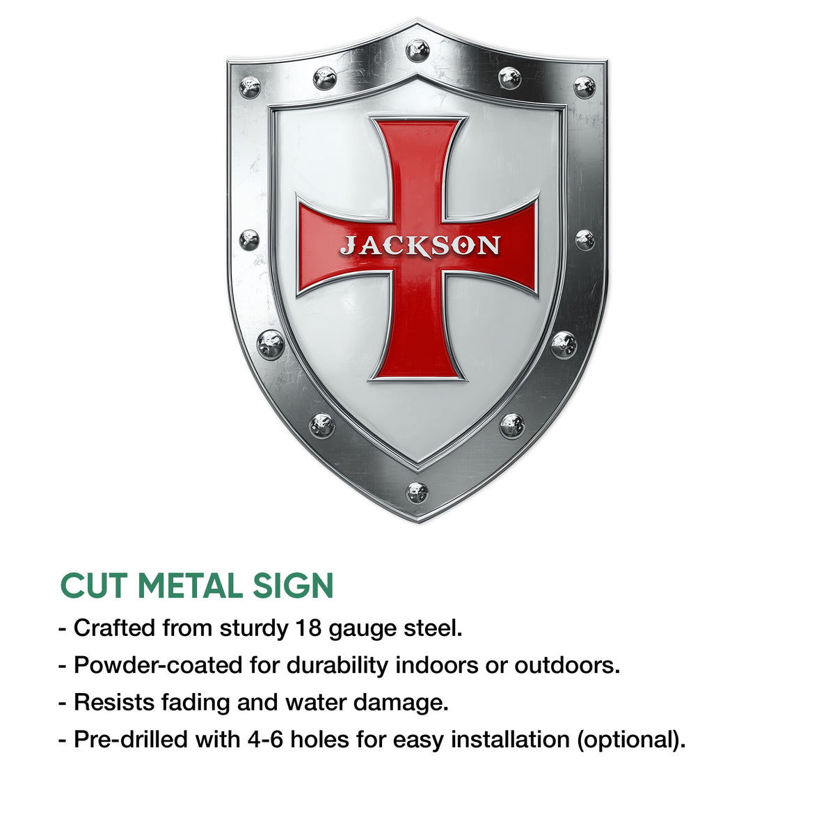 Knights Templar shield sign with an infographic highlighting cut-metal construction and installation details