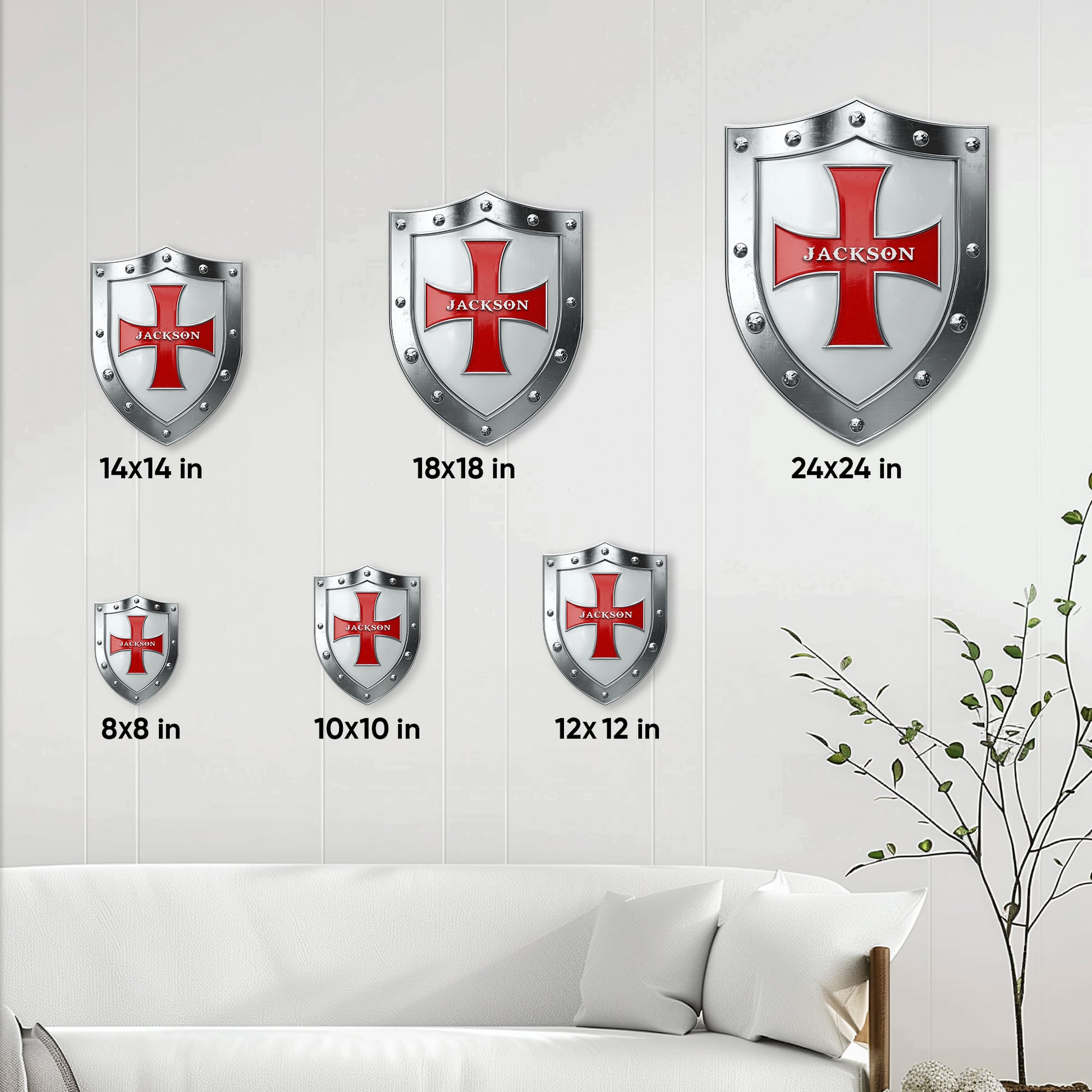 Knights Templar metal shield sign size guide showing available dimensions from 8 by 8 to 24 by 24 inches