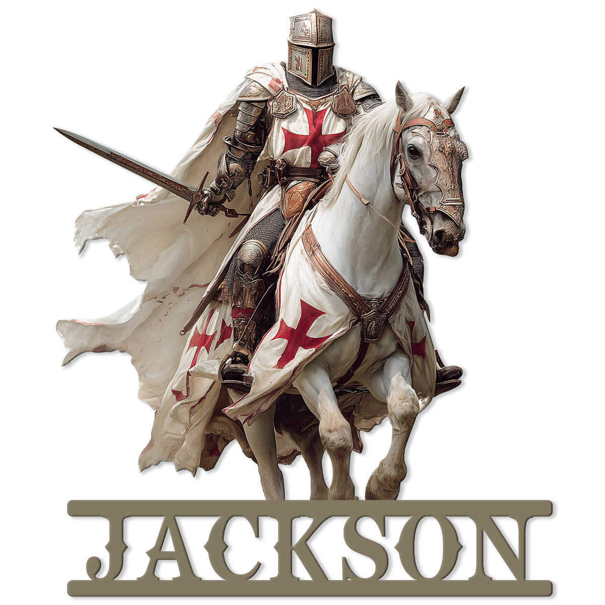 Knights Templar metal sign featuring an armored knight on horseback with a sword and red cross