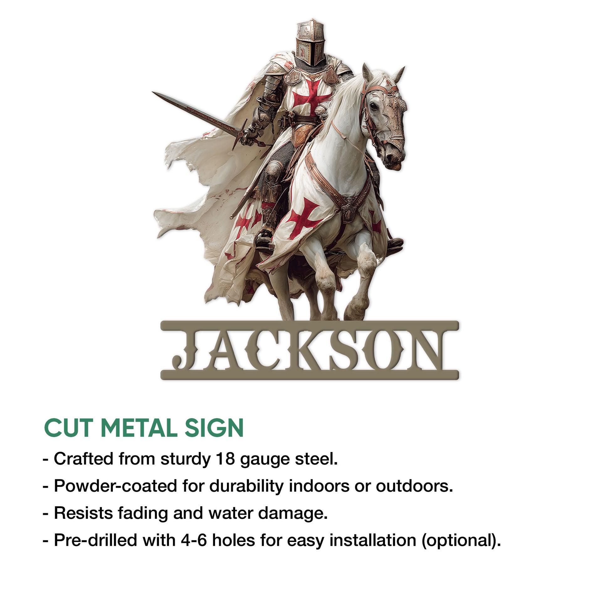 Knights Templar cut metal sign shown with product feature information and an armored mounted knight design
