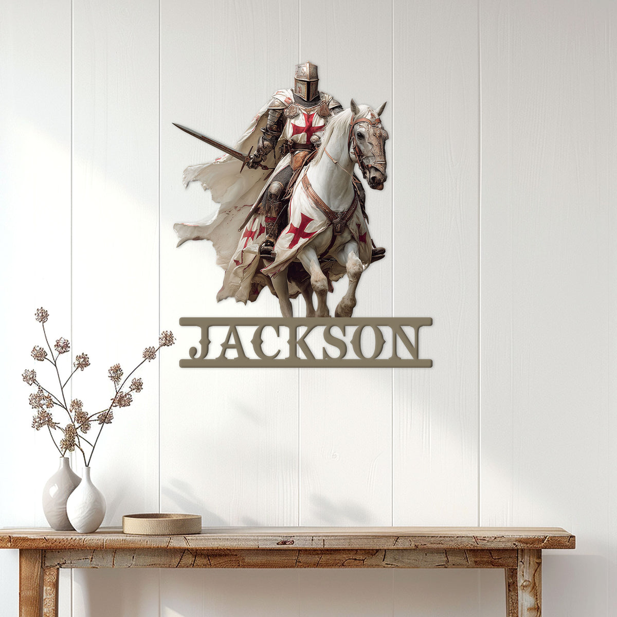 Knights Templar wall sign displayed above a console table in a bright modern interior