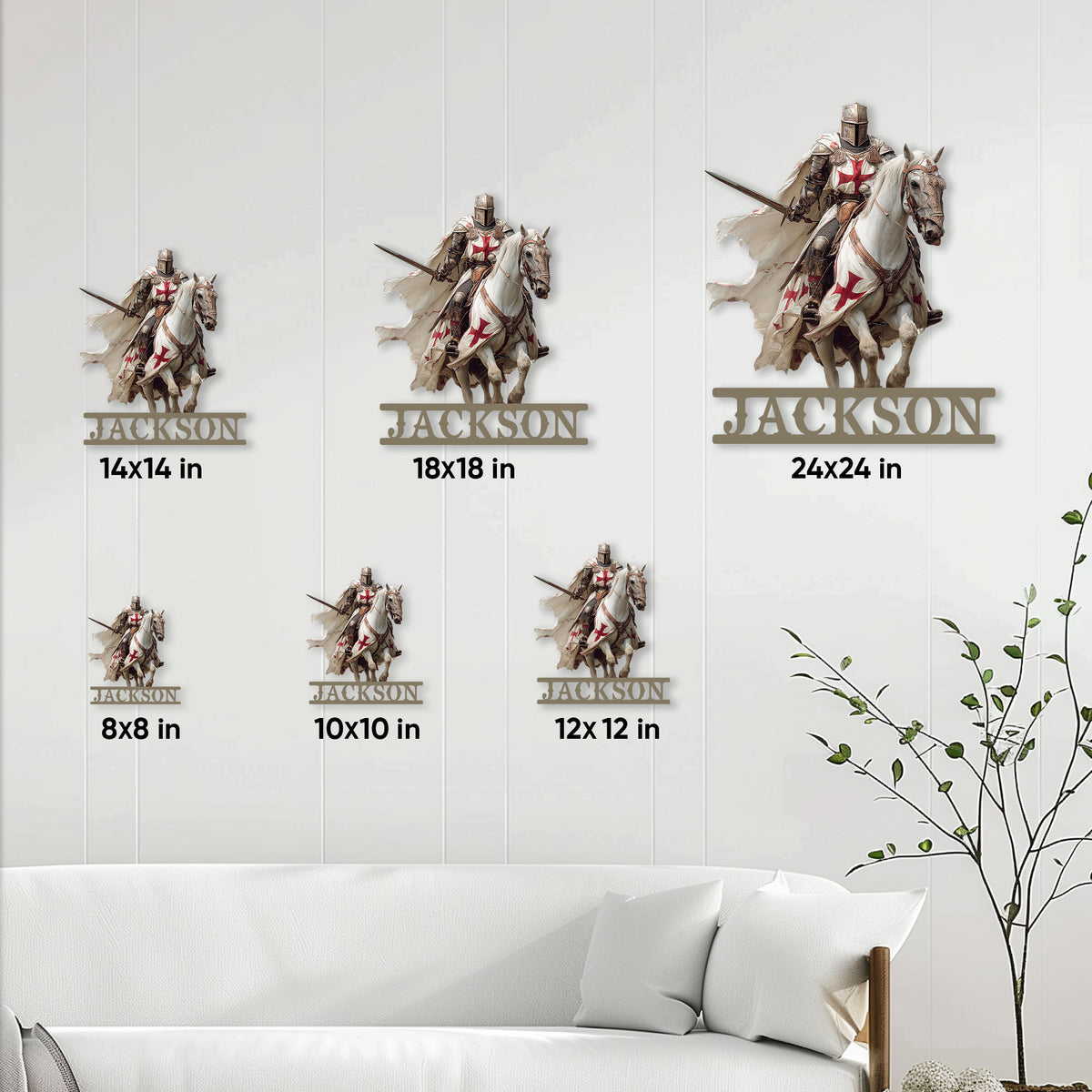 Knights Templar metal sign shown in multiple size options on a paneled wall above a sofa
