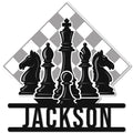 Black chess pieces arranged against a gray checkerboard on a custom metal chess sign
