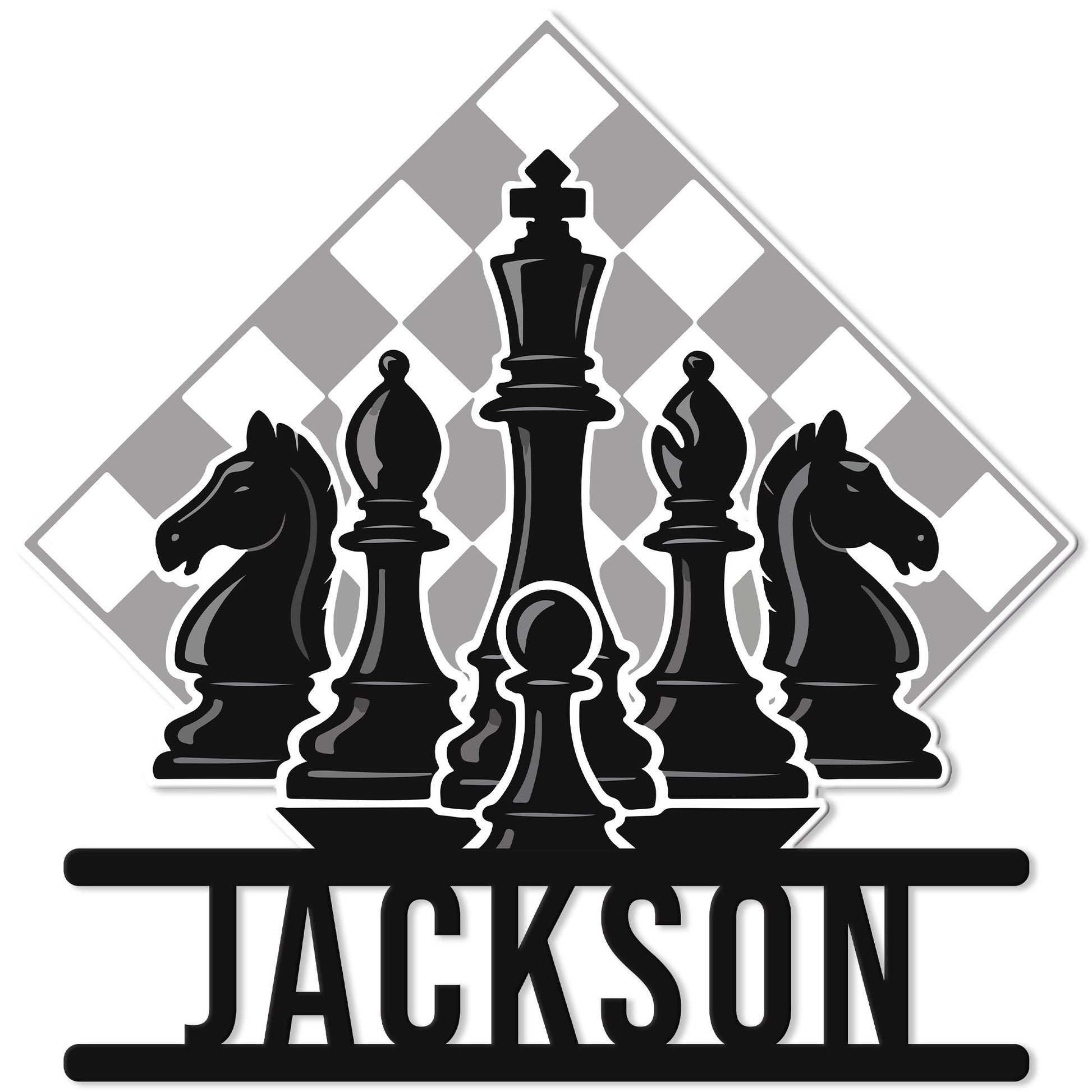 Black chess pieces arranged against a gray checkerboard on a custom metal chess sign