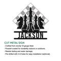Chess piece metal sign product graphic showing the cut metal design and installation features