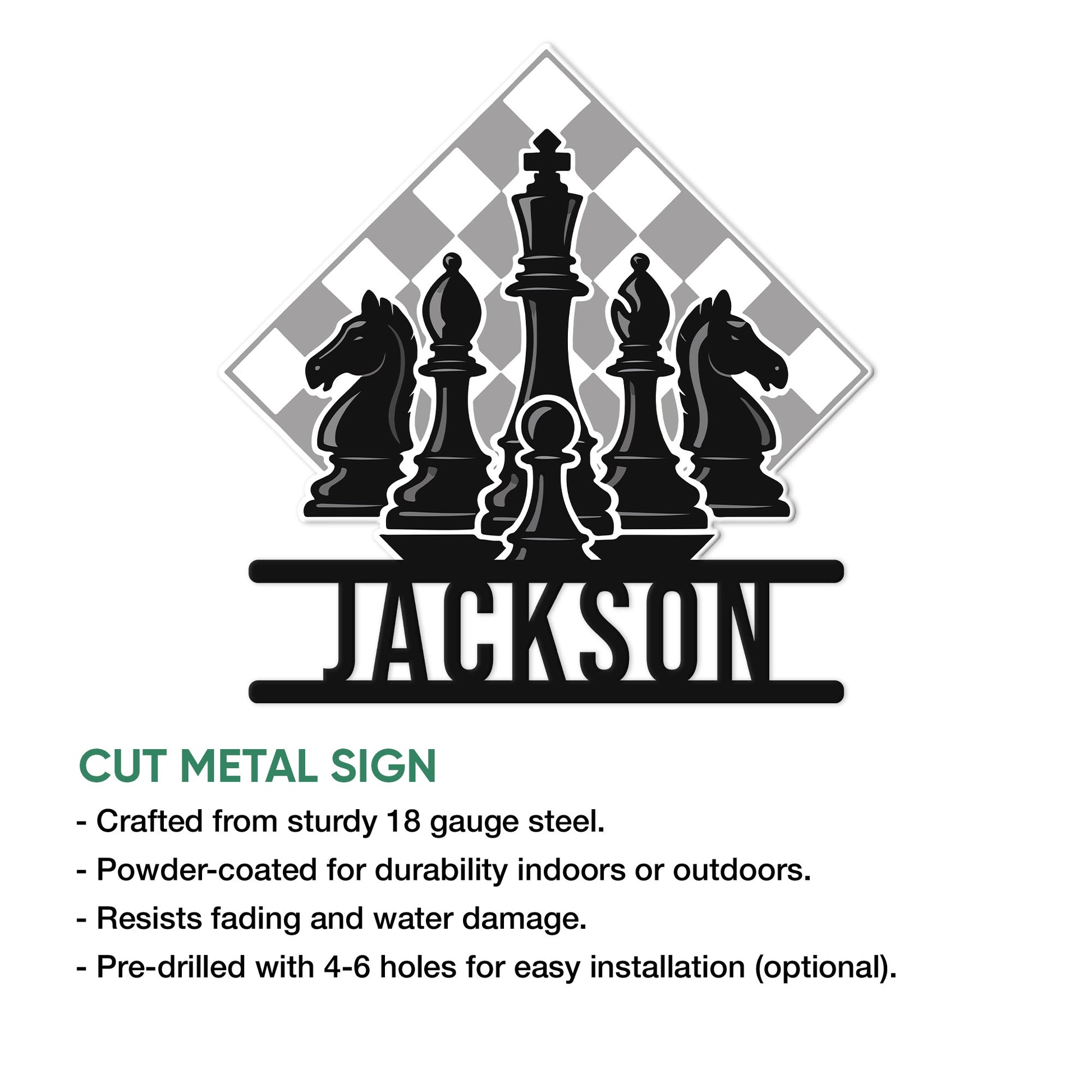 Chess piece metal sign product graphic showing the cut metal design and installation features