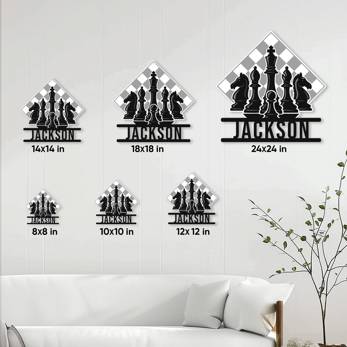 Chess metal sign size guide showing available square dimensions from 8 by 8 to 24 by 24 inches