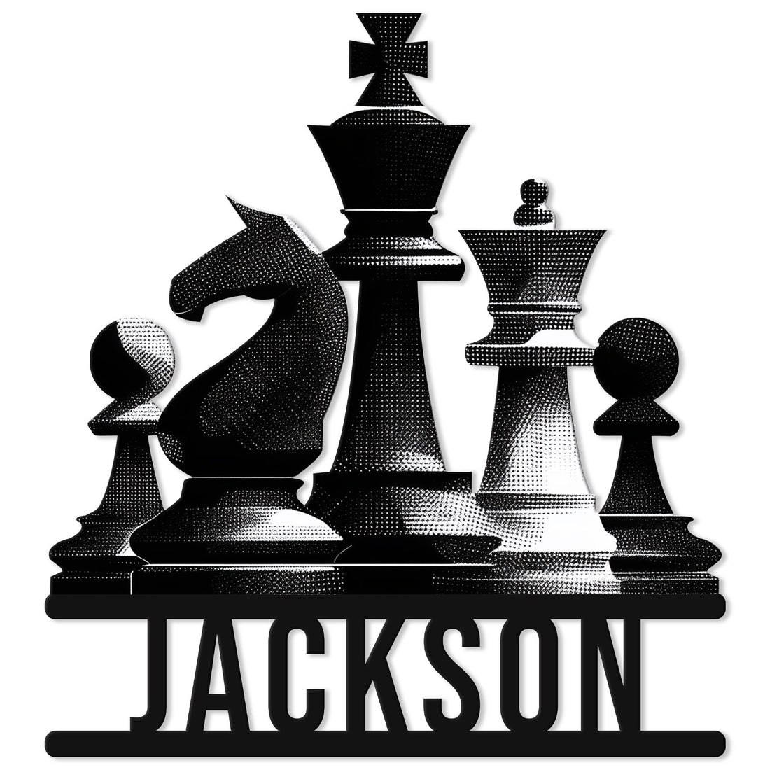 Black-and-white chess metal sign featuring king, queen, knight, rook, bishop, and pawns