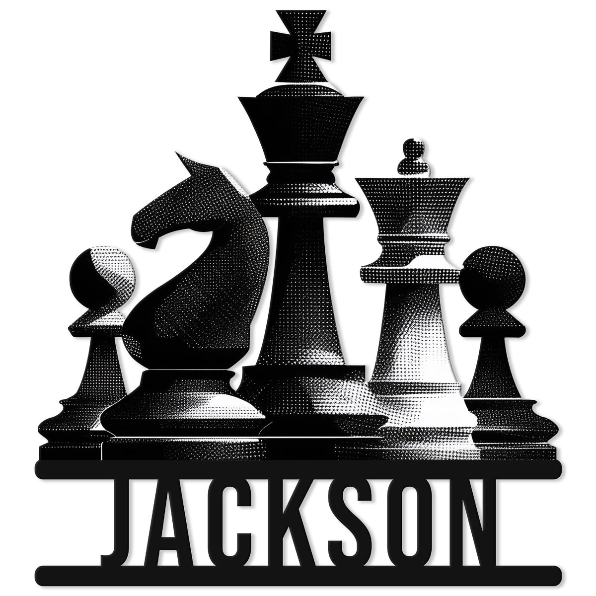 Black-and-white chess metal sign featuring king, queen, knight, rook, bishop, and pawns