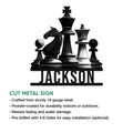 Chess metal sign product infographic showing the cut-steel chess piece design and installation features